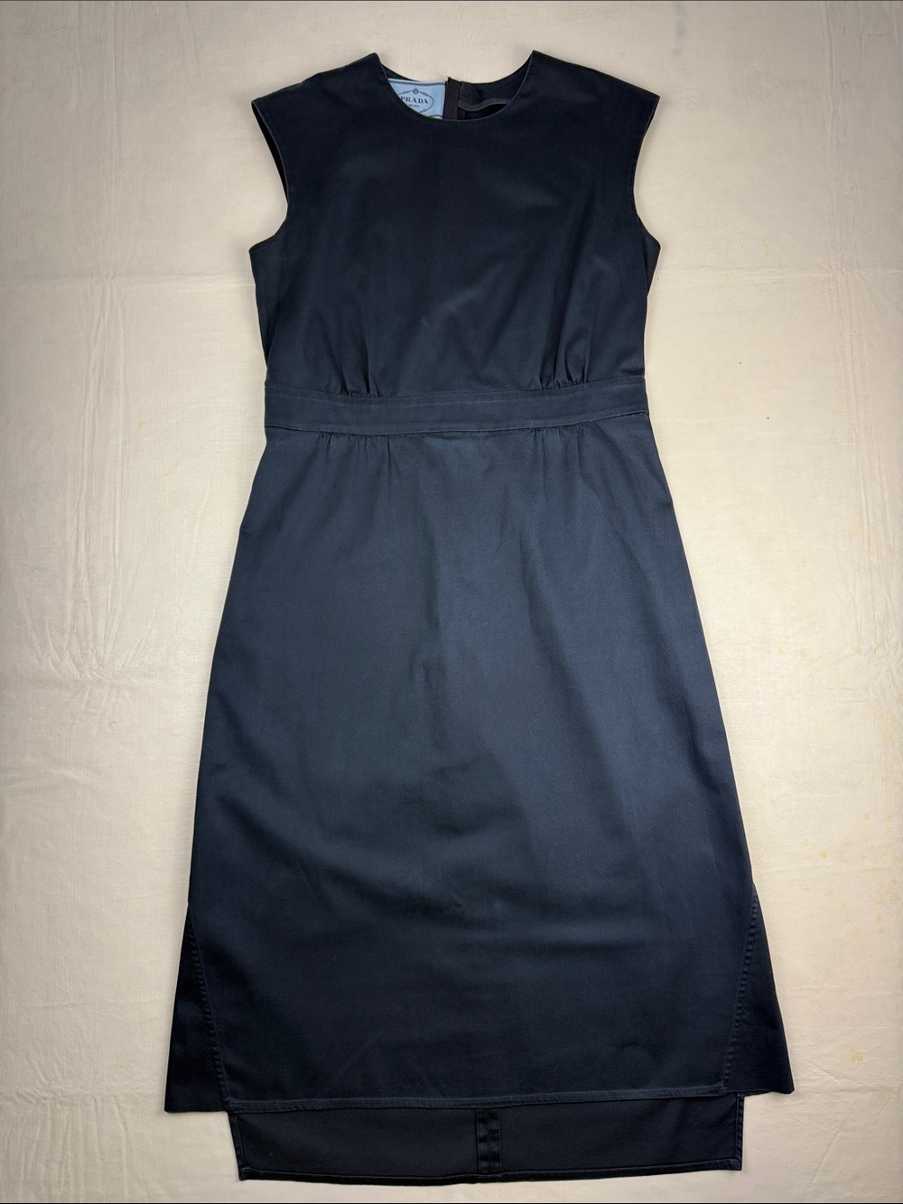 Prada Navy Cap-Sleeve Sheath Dress Back Zip High Low Hem Detail Size 42